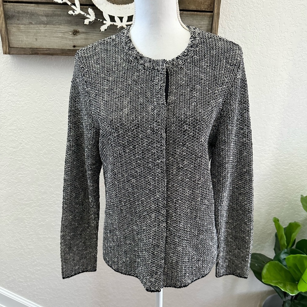 Eileen fisher black cream linen cotton knit cardigan sweater snap front ladies M